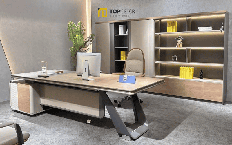 Bàn giám đốc chân sắt 2m chữ L tích hợp tủ phụ