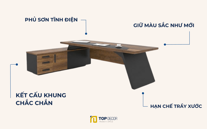 Kết cấu bàn giám đốc chân sắt 2m bền bỉ, chịu lực tốt