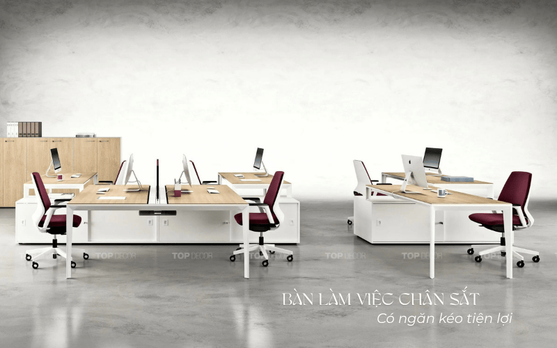 Bàn làm việc chân sắt có ngăn kéo tiện lợi