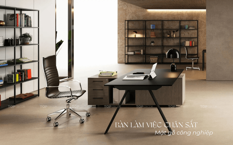 Bàn làm việc chân sắt mặt gỗ công nghiệp